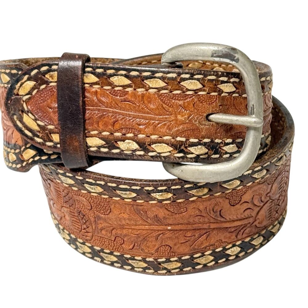 Vtg Tony Lama USA Made Brown Tooled Leather Western Belt Acorns Leaves Sz 28